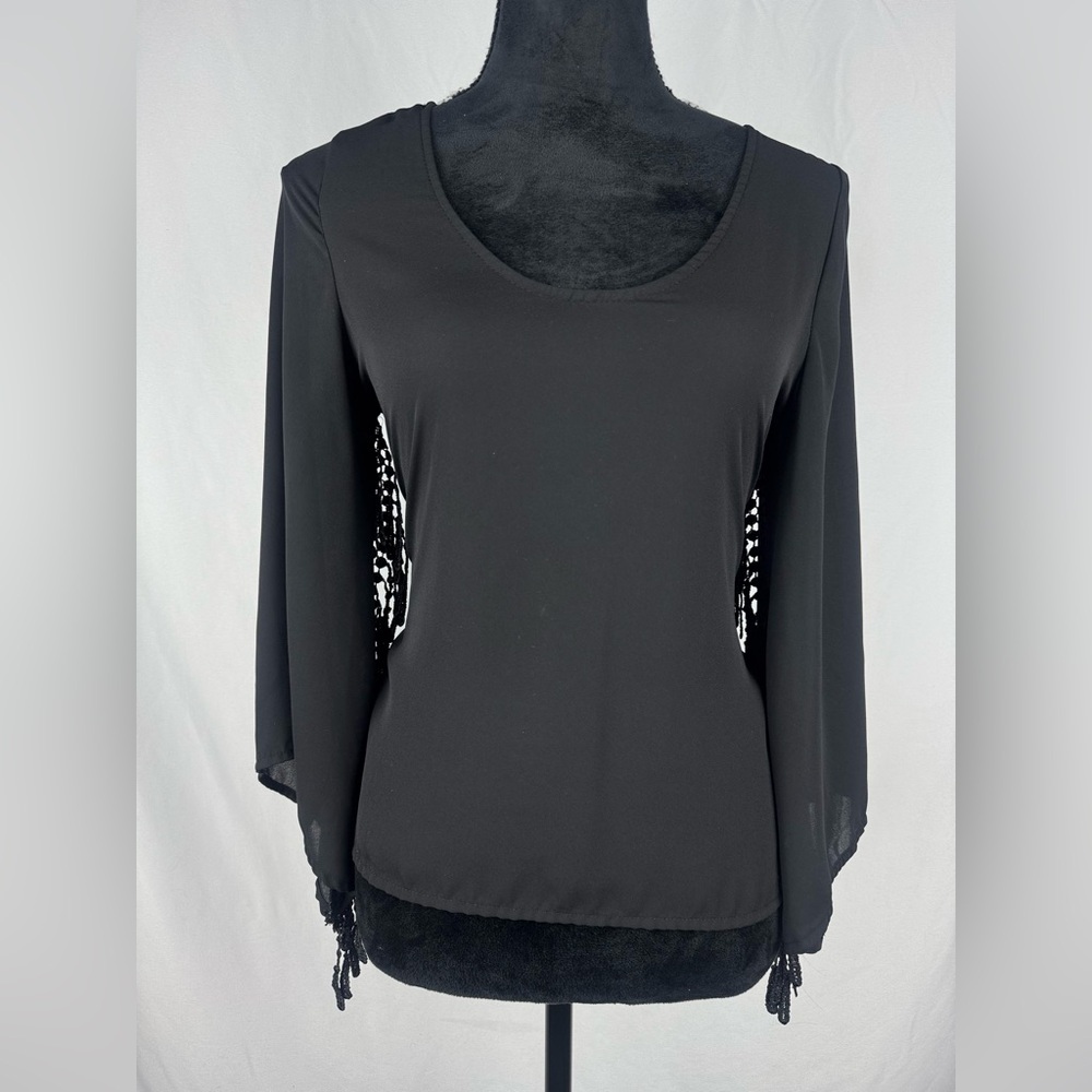 Haute Society Sheer Black Long Sleeve Scoop Neck Blouse with Fringe